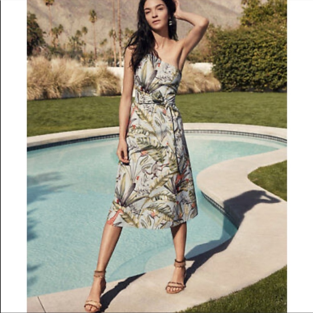 Ann Taylor Blue Tropical Print One Shoulder Belted A-line Dress Size 2 petite